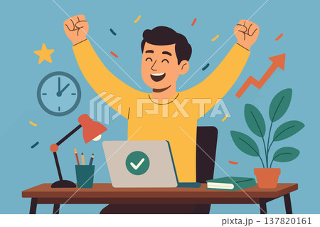 Excited Man Celebrating at Office Desk 137820161