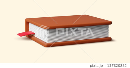 3d closed book with hardcover. Realistic 3d render of hardcover book in rich brown with vivid red bookmark nestled inside. Vector icon for library and university branding, educational app interface 3d closed book with hardcover. Realistic 3d render of hardcover book in rich brown with vivid red bookmark nestled inside. Vector icon for library and university branding, educational app interface 137820282