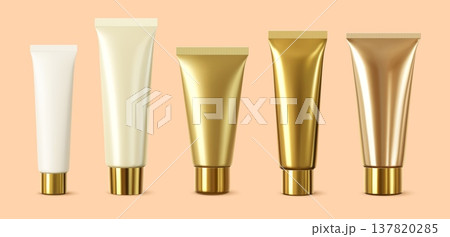 3d skincare cosmetics golden tubes with caps, realistic makeup cream mockup. Luxury skincare cream packaging mock up for branding and presentation. Vector premium beauty product containers in gold 3d skincare cosmetics golden tubes with caps, realistic makeup cream mockup. Luxury skincare cream packaging mock up for branding and presentation. Vector premium beauty product containers in gold 137820285