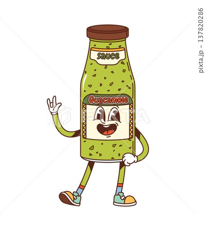 Cartoon groovy guacamole sauce bottle cheerful character. Mexican cuisine seasoning glass bowl, culinary ingredient jar groovy vector personage. Guacamole green sauce bottle character waving hand Cartoon groovy guacamole sauce bottle cheerful character. Mexican cuisine seasoning glass bowl, culinary ingredient jar groovy vector personage. Guacamole green sauce bottle character waving hand 137820286