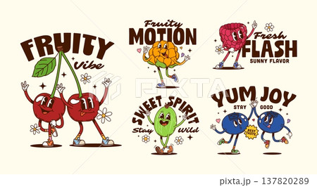 Funny berry groovy characters stickers and t shirt prints. Vibrant retro vector stickers featuring cherry, gooseberry, blueberry, yellow and red raspberry. Funky mascots for cheerful merchandise Funny berry groovy characters stickers and t shirt prints. Vibrant retro vector stickers featuring cherry, gooseberry, blueberry, yellow and red raspberry. Funky mascots for cheerful merchandise 137820289