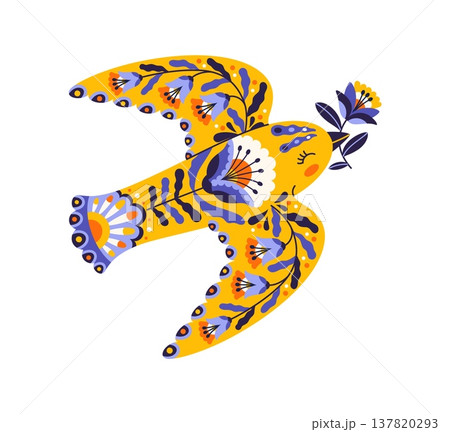 Scandinavian folk yellow ornate bird print. Nordic folklore bird colorful print, Scandinavian nature isolated vector decoration. Slavic folk animal naive embroidery with blue flower ornaments 137820293
