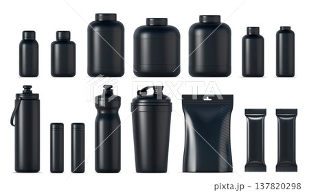 3d sport nutrition black plastic containers package, bottle, shaker and bars mockup. Realistic vector fitness supplement bottles. Food, vitamins, energy drink, whey protein and supplement blank jars 137820298