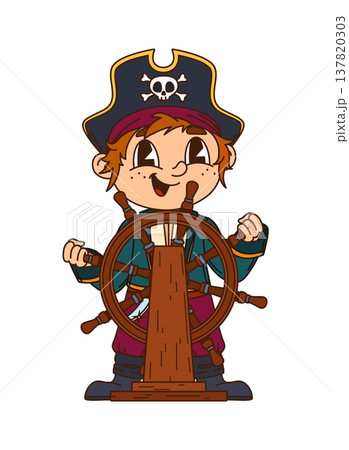 Boy kid pirate captain cartoon cute character. Filibuster skipper cheerful character, child pirate crew boatswain happy vector personage. Corsair kid fighter personage steering ship in tricorn hat 137820303