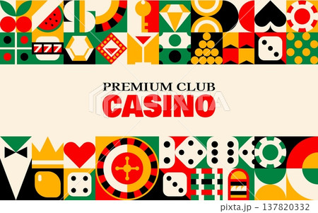 Online casino and gambling poker game banner with retro geometric pattern. Red, black, gold and green pattern with roulette wheel, dice, and poker chips. Flat vector banner for casino promotion 137820332