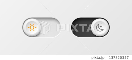 Night and day mode switch button, light or dark toggle slider. Mobile app interface states, sun and moon icons. Realistic 3d vector modern ui control element for digital application settings Night and day mode switch button, light or dark toggle slider. Mobile app interface states, sun and moon icons. Realistic 3d vector modern ui control element for digital application settings 137820337