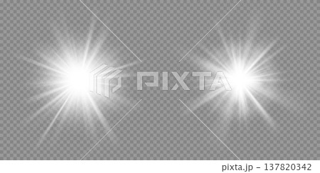 Sun light and lens flares, sunlight beams. White radial shine rays. Realistic vector glow effect with soft gradient edges and shining beams. Bright glowing star burst light overlay, magical sparkles Sun light and lens flares, sunlight beams. White radial shine rays. Realistic vector glow effect with soft gradient edges and shining beams. Bright glowing star burst light overlay, magical sparkles 137820342