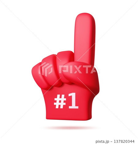 3d number one fan glove, winner symbol. Vector red foam hand with raised index finger gesture and 1 symbol. Vector cheerleader hand sign for sport competition, victory celebration, fan support event 137820344