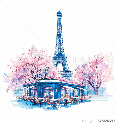 People enjoy drinks and food at a cafe near the Eiffel Tower in Paris during springtime with blooming cherry blossom trees People enjoy drinks and food at a cafe near the Eiffel Tower in Paris during springtime with blooming cherry blossom trees 137820347