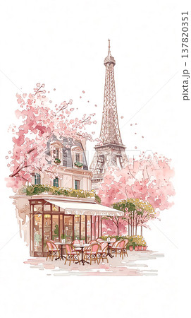 Eiffel Tower stands tall next to cafe with cherry blossoms in spring in Paris during daytime Eiffel Tower stands tall next to cafe with cherry blossoms in spring in Paris during daytime 137820351