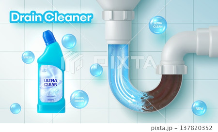 Realistic bathroom, kitchen and toilet drain pipe and cleaner bottle next to transparent curved pipe showing cleaning process inside plumbing system. 3d vector sanitation hygiene product ads banner 137820352