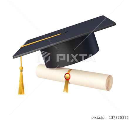 3d graduation student cap with tassel and diploma. Academy study achievement isolated vector concept, university realistic graduation cap icon. College student success congratulation 3D symbol 137820353