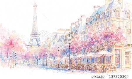 View of Eiffel Tower and street lined with cherry blossom trees and outdoor cafes during spring in Paris View of Eiffel Tower and street lined with cherry blossom trees and outdoor cafes during spring in Paris 137820364