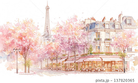 People walk past a cafe with cherry blossom trees and the Eiffel Tower in the background during springtime in Paris People walk past a cafe with cherry blossom trees and the Eiffel Tower in the background during springtime in Paris 137820365