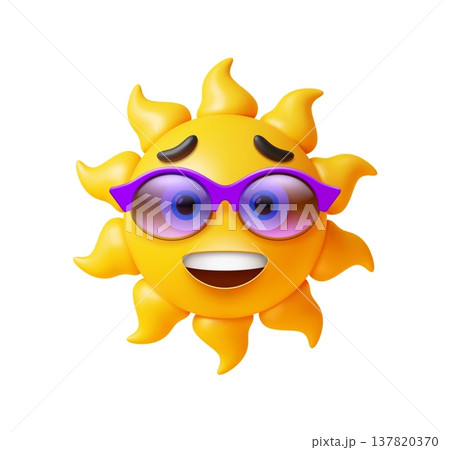 Cartoon 3d sun character, yellow sunny emoji with smiling face, cheerful emotion and purple sunglasses. Vector isolated glossy round sun with soft rays, happy expression and cute friendly mood 137820370