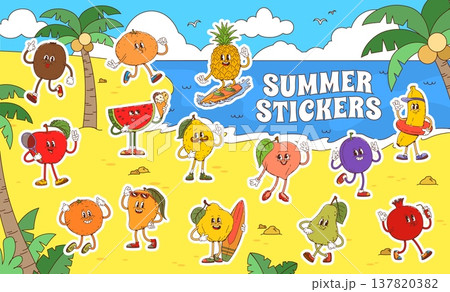 Cartoon groovy tropical fruit characters at summer beach holidays, vector stickers. Funny groovy tropical fruit characters at sea, funky pineapple on surfboard with banana and papaya in sunglasses 137820382