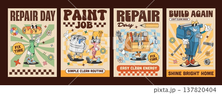 Construction, repair and diy tool characters y2k groovy hippie posters. Cartoon vector groovie hippy roller, paint can, brush, toolbox, screw and vise vintage home retro building equipment personages 137820404
