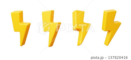 3D yellow lightning icons or thunder bolt and electric power energy arrows, vector icons. Yellow lightning 3D realistic elements of thunderbolt flash or battery power and electricity energy charge 137820416