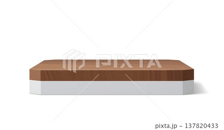 Wooden podium stage with white plate for cosmetic products promotion, vector realistic 3D. Premium podium display or pedestal stage, square stand with cut edges of white and wood plate layers Wooden podium stage with white plate for cosmetic products promotion, vector realistic 3D. Premium podium display or pedestal stage, square stand with cut edges of white and wood plate layers 137820433