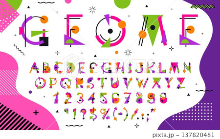 Geometric shapes font letters, creative stylish typeface. Geometric shapes vector typeset, funky graphic type. English alphabet or ABC font or typeface with purple, pin and green shapes 137820481