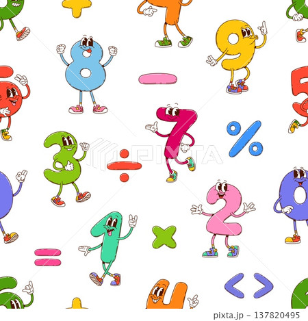 Groovy math numbers characters school education seamless pattern. Cartoon vector tile with funny digits and arithmetic symbols. Retro educational background with vintage personages and y2k hippie vibe 137820495