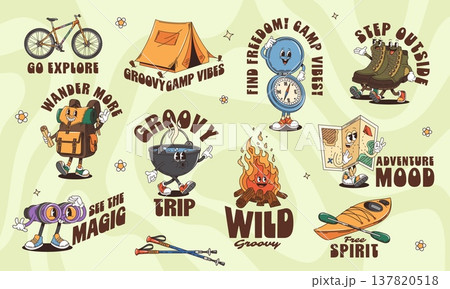 Funky y2k groovy travel and camping stickers. Vector camping characters as a compass, hiking boots, backpack, cooking pot, map, campfire and binoculars for camping promotion or tourist souvenir 137820518