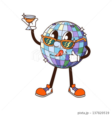 Disco ball groovy funky hippie character. Shiny disco ball in red sneakers and sunglasses, holding martini glass and licking its lips. Psychedelic vector mascot for party, and club promotions 137820519