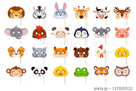 Cartoon carnival party animal and bird masks for festive masquerade, vector props. Carnival animal masks with circular eye cutouts and stripe sticks, funny lion, cat and bunny or panda and tiger masks 137820522