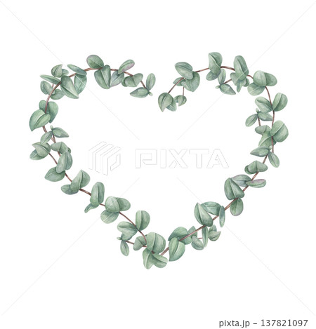 Eucalyptus leaves branches in heart shape watercolor illustration on isolated background. Hand drawn green foliage frame with empty space for text. Wedding invitation, greetings, thank you note 137821097