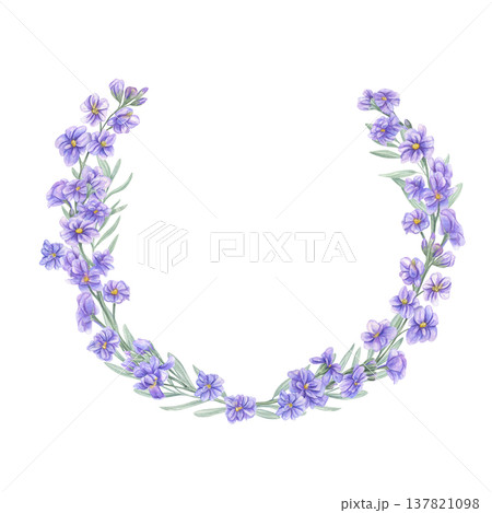 Watercolor flowered blue Matthiola wreath on isolated background. Hand drawn Hoary Stock flowers on green stem frame for greeting cards, poster, decor, spring design. Copy space for text 137821098
