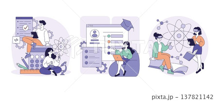 Vector illustration depicting educational technology and STEM activities. Features individuals engaged with tech devices, coding interfaces, and virtual reality in a science learning environment. 137821142