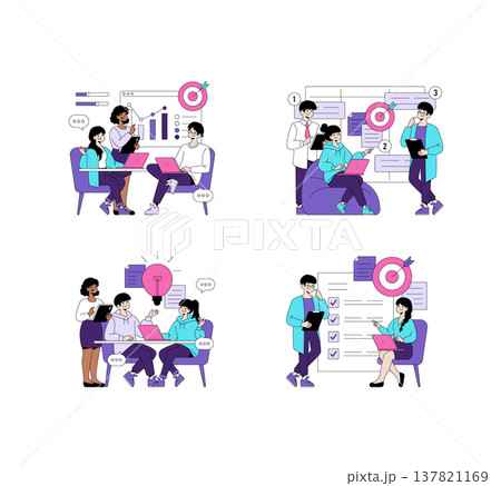 Vector illustration showing business teams collaborating on project planning and strategy using laptops and charts in a modern office setting. Professional teamwork, innovation, and communication are Vector illustration showing business teams collaborating on project planning and strategy using laptops and charts in a modern office setting. Professional teamwork, innovation, and communication are 137821169