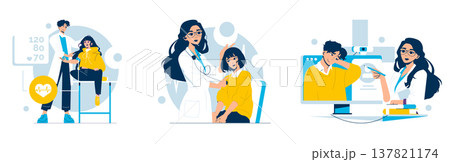 Vector illustration depicting a doctor interacting with patients across three scenarios: measuring blood pressure, offering calm consultation, and delivering remote advice. The patients appear Vector illustration depicting a doctor interacting with patients across three scenarios: measuring blood pressure, offering calm consultation, and delivering remote advice. The patients appear 137821174