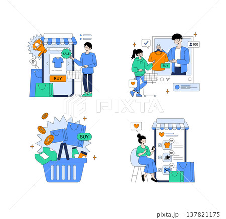 Vector illustration depicting people engaging with online shopping through mobile devices and interacting with social media. Bright colors emphasize digital commerce and connectivity. 137821175