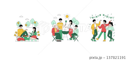 Vector illustration showing a family enjoying a picnic, having a barbecue, and celebrating together outdoors. Different scenes depict relaxation, cooking, and a festive dance. Vector illustration showing a family enjoying a picnic, having a barbecue, and celebrating together outdoors. Different scenes depict relaxation, cooking, and a festive dance. 137821191