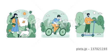 Vector illustration of diverse outdoor activities including dog walking, cycling, and scootering in a park. Each scene captures individuals enjoying leisure time in urban green spaces. 137821193