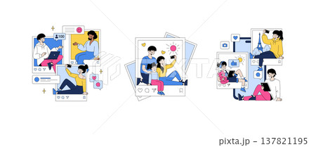 Vector illustration depicting various scenes of people engaging with social media and capturing family moments. Emphasizes digital interaction, connectivity, and sharing joyful experiences. 137821195