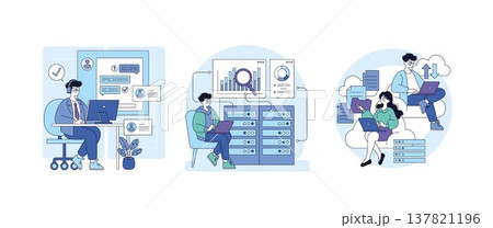 Vector illustration depicting professionals engaging in IT tasks using laptops. Scenes include technical support, data analysis, and cloud computing, highlighting technology-driven collaboration. 137821196