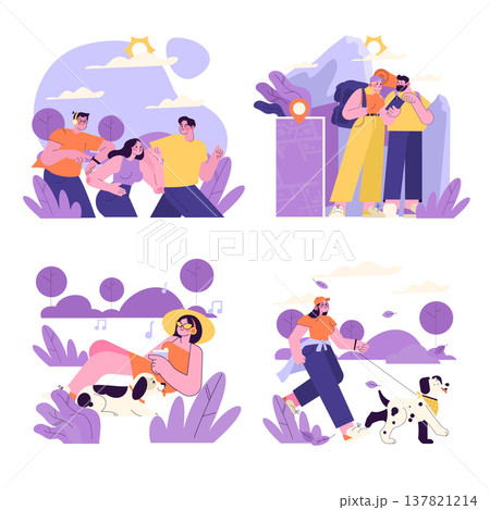 Vector illustration depicting four scenes of outdoor leisure. Groups hiking, friends consulting a map, a person relaxing with a dog, and a woman walking her dog in a park. Vibrant and engaging. Vector illustration depicting four scenes of outdoor leisure. Groups hiking, friends consulting a map, a person relaxing with a dog, and a woman walking her dog in a park. Vibrant and engaging. 137821214