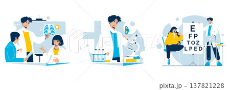 Vector illustration depicting healthcare professionals in various medical scenarios, including analyzing X-rays, conducting lab tests with a microscope, and performing an eye exam with a chart. Vector illustration depicting healthcare professionals in various medical scenarios, including analyzing X-rays, conducting lab tests with a microscope, and performing an eye exam with a chart. 137821228