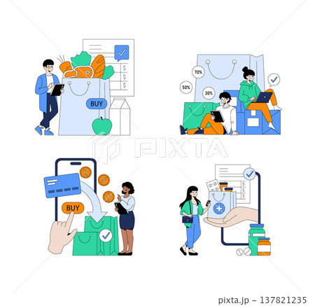 Vector illustration set depicting various online shopping activities. Includes people interacting with digital devices for grocery shopping, discount browsing, mobile payments, and online pharmacy Vector illustration set depicting various online shopping activities. Includes people interacting with digital devices for grocery shopping, discount browsing, mobile payments, and online pharmacy 137821235