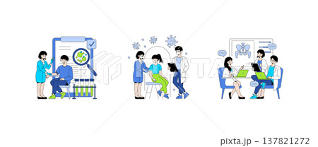 Vector illustration set shows three healthcare scenes: consultation, vaccination, and medical meeting. Visuals depict professionals interacting with patients and colleagues. 137821272