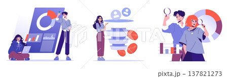 Vector illustration showcasing three people in a collaborative setting focused on business analysis. They engage with digital graphs and magnifying glass, visualizing data insights. 137821273