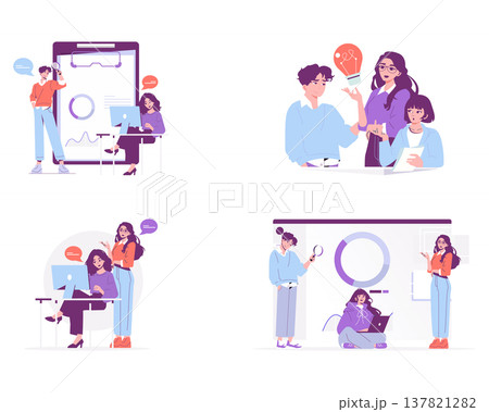 Vector illustration depicting collaborative teamwork. Diverse scenes show professionals brainstorming, sharing ideas, and analyzing data with laptops and digital tools in a creative workspace. 137821282