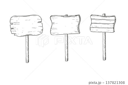 Wooden billboards with empty space for text vector isolated clip art painted by black inks. Hand drawn tourist info sign boards for creating wayfinding systems, road maps, booklet or guidebook 137821308