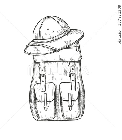 Backpack and safari hat vector isolated line ink illustration. Hand drawn modern rucksack with jungle hat monochrome composition for travel concepts, wildlife researcher poster, historical themes 137821309