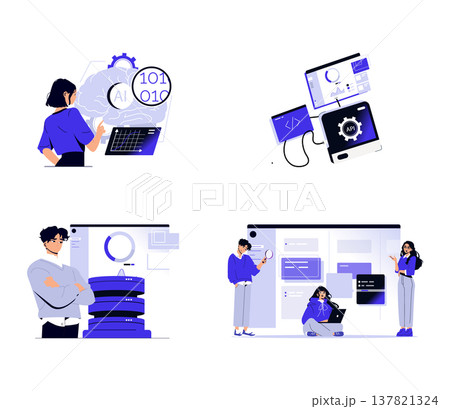 Group collaborating on AI development and data analysis in this vector illustration. Individuals use technology and charts to discuss, analyze, and share insights on artificial intelligence. Group collaborating on AI development and data analysis in this vector illustration. Individuals use technology and charts to discuss, analyze, and share insights on artificial intelligence. 137821324
