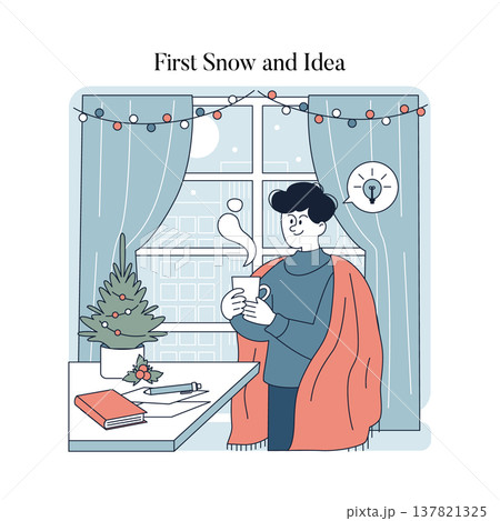 Vector illustration of a person enjoying a hot drink, wrapped in a blanket by a window decorated for winter. A notebook and pen are on the table, suggesting creativity and relaxation. 137821325