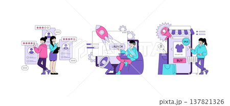 Vector illustration depicting users interacting with e-commerce, social media ratings, and project launch technology. Highlights digital engagement, online shopping, and communication. 137821326