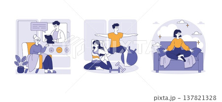 Vector illustration showcasing virtual healthcare consultation, home fitness exercise, and meditation session. Depicts modern lifestyle with emphasis on wellness and self-care. Vector illustration showcasing virtual healthcare consultation, home fitness exercise, and meditation session. Depicts modern lifestyle with emphasis on wellness and self-care. 137821328